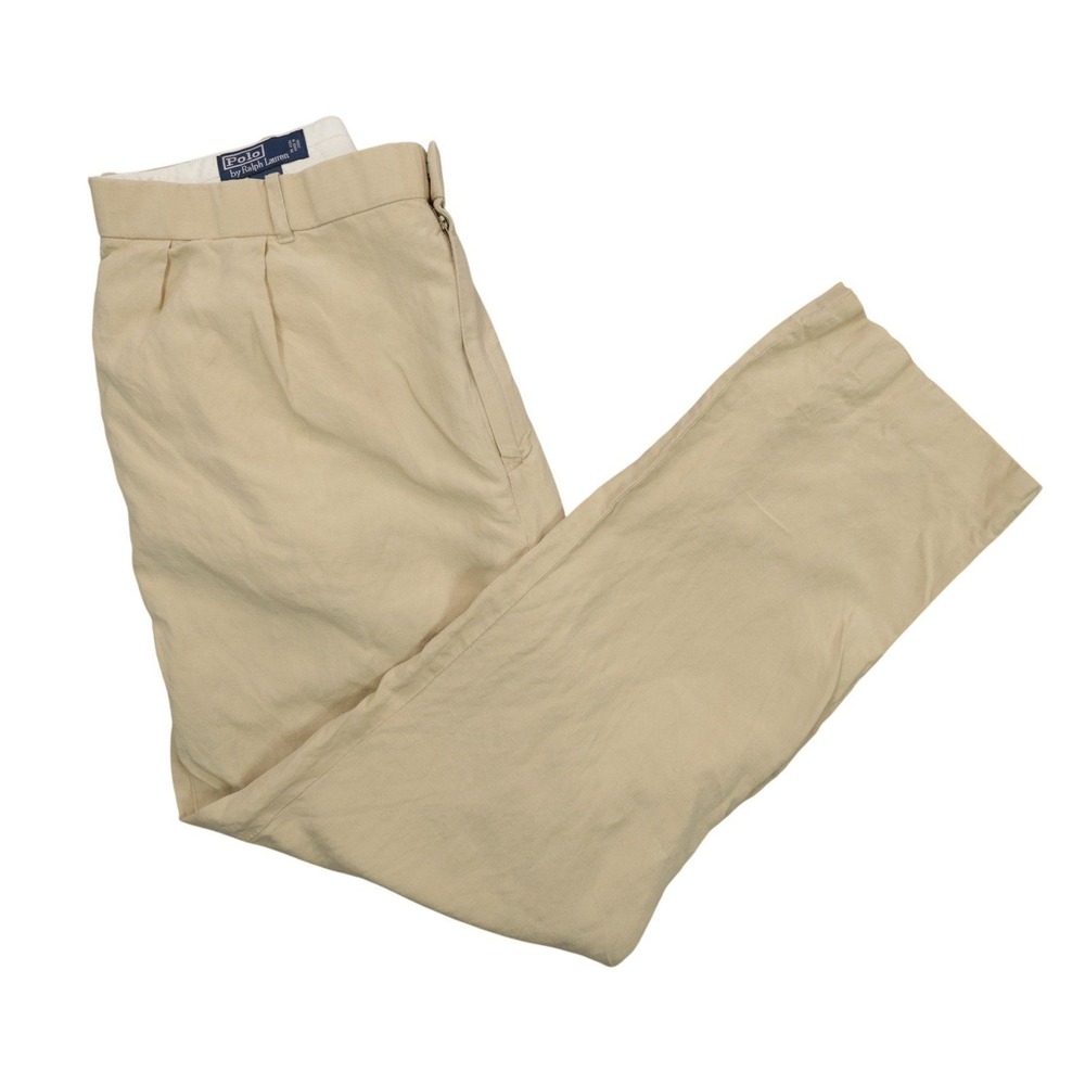 Vintage Polo Ralph Lauren Linen‎ Silk Pleated Pants Tan Mens 36x31 Slacks